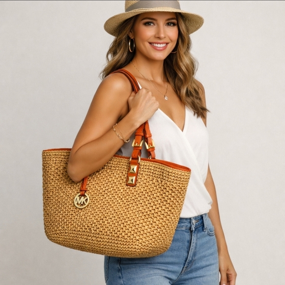 Michael Kors Santorini Raffia Basket Tote Tan Straw Tangerine Leather MK Charm - Picture 12 of 12